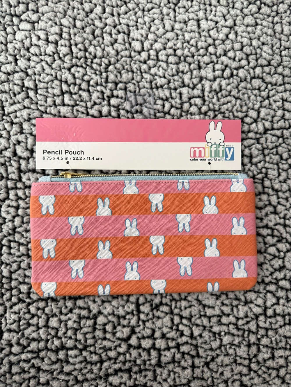 miffy Pink and Orange Striped Pencil Pouch with White Miffy Motifs